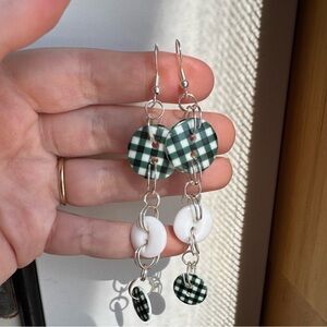 Handmade Sliver plated 2000s inspired green and white gingham button earrings